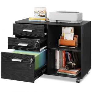 DEVAISE Caisson de Bureau Roulant 3 Tiroirs et étagères ouvrantes, Meuble Imprimante Rétro avec Plateau Bois, Meuble Rangement Bureau Mobile, Noir (WIEK International Handel GmbH, neuf)