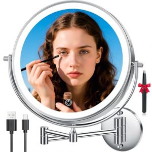 Auxmir 10 Pouces Miroir Grossissant Lumineux Mural x30, Miroir Grossissant Mural avec 3 Modes de Couleur, 1X/30X Grossissement Charge USB 5000mAh, &Eacute;cran Tactile, 360&deg; Pivotant pour Salles de Bain (Auxmir Direct, neuf)