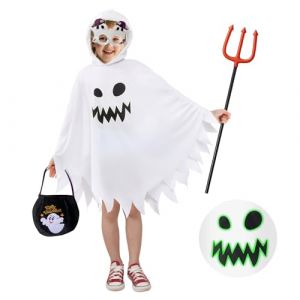 JOYUE D&eacute;guisement Halloween Fant&ocirc;me Enfant, Costume Fant&ocirc;me Enfants Cape Fant&ocirc;me Blanche avec Sac &agrave; Main, Fourchette du Diable et Lunettes Fant&ocirc;mes, Cape Ghost pour Carnaval Cosplay Party (3-4 ans) (Reliableprime EU, neuf)
