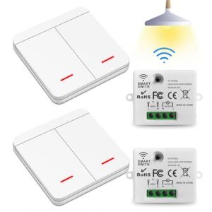 Interrupteur Sans Fil 230V - Sans Per&ccedil;age ni Travaux &Eacute;lectrique - Interrupteurs T&eacute;l&eacute;commande pour Luminaire Chambre &agrave; Coucher, Salon, Escalier, Ext&eacute;rieur (2 R&eacute;cepteur + 2 Interrupteur) (Xmanben, neuf)