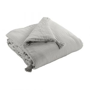 Mylittlebed Edredon Dessus de lit L&rsquo;Effet Papillon 90x200 cm &ndash; Chemin de lit 100% Gaze de Coton avec Finition Pompons [ Dessus de Lits et Couvre-Lits ] (Gris Nuage) (Mylittlebed, neuf)