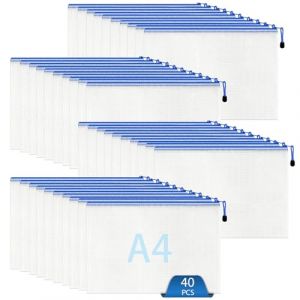 Oungy Lot de 40 pochettes &eacute;tanches A4 pour documents A4, bleues, pochettes en plastique &agrave; fermeture &eacute;clair, porte-documents pour papier, documents, feuille d'examen, cosm&eacute;tiques et fournitures de (OUYANGJIABING, neuf)