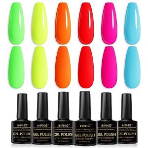 INPING Vernis Semi Permanent N&eacute;on,6 Couleurs Rainbow Vert Jaune Orange Rouge Rose Bleu Vernis Gel UV Semi Permanent,Soak Off UV/LED Vernis &agrave; Ongles Pour D&eacute;butant Nail Art DIY,8ML (An-Jing-Wen, neuf)