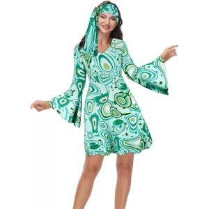 Jutrisujo Deguisement Annee 80 Disco Robe Femme Hippie Déguisement 60, 70, 90 Costume Remme Robe Vetement Halloween Carnaval Grande Taille Vert L (jutrisujo Unique, neuf)