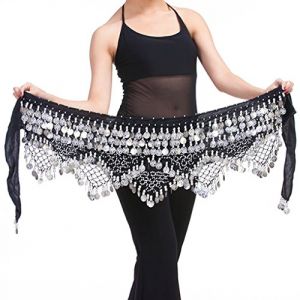 Baisdan Ceinture Danse Orientale Femme, Foulard Danse du Ventre avec Pièces Écharpes de Hanche de Danse du Ventre Argent Noir (Baisdan, neuf)