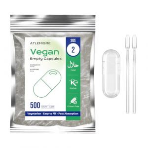 ATLEMISME Gélules Vides Végétales Taille 2 - Lot de 500 avec 2 Cuillères - Sans Gélatine - Gélules Faciles à Remplir et à Dissoudre Rapidement - Idéales pour Compléments Alimentaires et Poudres (ATLEMISME, neuf)