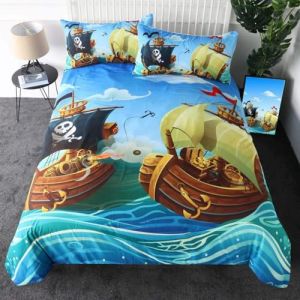 Housse de Couette 240x260 Bateau Pirate Dessin Anim&eacute;, Parure de Lit 2 Personnes, Housse Couette 240x260 Imprim&eacute;e Enfants Gar&ccedil;Ons Marin, Ensemble de Literie Doux avec 2 Taies d'oreiller 65x65 cm, Z10 (Wangfh(Housse de Couette & Couette Imprim&eacute;e), neuf)