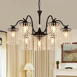 Ganeed Lustre en cristal moderne en métal mat Vintage Français Style Lampe Suspendu Haut Plafonnier Réglable avec Pendentif Goutte d’Eau Lampe Abat-jour Noir 7 Lumières (Home Lighting Shop, neuf)