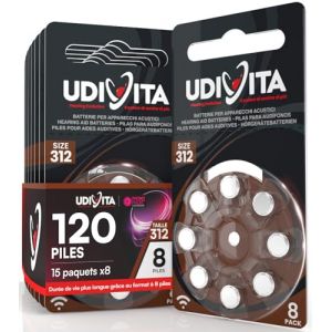 120 Piles Auditives Taille 312 Udivita PR41 (Marron) Zinc-Air Hearing Evolution - 15 Blisters de 8 Piles (Eurocali, neuf)