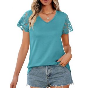 Desol T-shirt à col en V pour femme - Haut en dentelle - Manches courtes - Basique - Oversize - Tunique pour femme - Élégant chemisier en dentelle pour le bureau décontracté - Sport, Turquoise., XL (Desol, neuf)