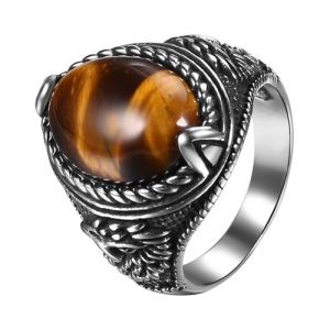 JewelryWe Bague Homme Acier Inoxydable: Bague Chevali&egrave;re avec Pierre d'Oeil de Tigre Elliptique Style Vintage Fantaisie Bague Biker Motard - Cadeau Homme Anniveraire F&ecirc;te des P&egrave;res (JewelryWe Bijoux, neuf)