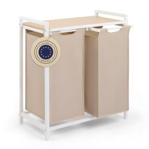 Blumtal panier a linge 2 compartiment - paniere a linge sale 2 compartiments - meuble de salle de bain avec effet bambou - étagère en métal - bac deux sections avec cadre métallique sur pieds - crème (Everbrent, neuf)