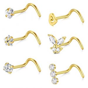 Crdifu 6 pi&egrave;ces Or Nez vis Goujons Anneaux 18G Acier Chirurgical Nez Piercing Bijoux CZ Coeur Papillon Diamant (Qi Rong BODY JEWELRY, neuf)