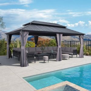 PURPLE LEAF Tonnelle de Jardin Exterieur 6 x 3,65 m Tonnelle Jardin avec Moustiquaire et Rideaux Pergola Aluminium à Double Toit Acier Galvanisé Tonnelles de Camping Imperméable pour Terrasse, Gris (PURPLE LEAF, neuf)