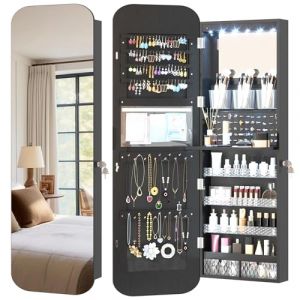 Vlsrka LED Armoire à bijoux avec Ovale Miroir, Mural/Porte Armoire à bijoux avec Lumières, Miroir pleine longueur d'angle rond avec bijoux rangement Verrouillable, miroir bijoux Suspendue, Noir (vlsrka, neuf)