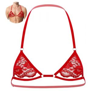 AIEOE Soutien-gorge Sissy en dentelle fine pour homme - Soutien-gorge en maille filet - Lingerie transparente - Mini soutien-gorge sexy - Clubwear - Tailles S, M, L, XL, rouge, XL (QYou, neuf)