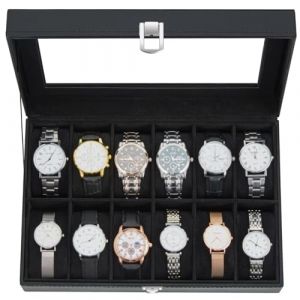 Ohuhu Bo&icirc;te &agrave; Montres &agrave; 12 Emplacements, Coffret &agrave; Montres avec Couvercle en Verre et Coussins Amovibles en Velours, Boite a Montre Homme, Cadeau pour Anniversaire F&ecirc;te des P&egrave;res No&euml;l (TSMART, neuf)