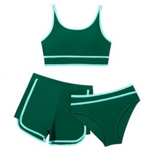 Ensemble de Bikini 3 Pieces Maillot De Bain Enfant Fille 8-14 Ans Shorts + Tanga + Haut Corset Maillot De Bain Fille Pas Cher Plage Natation Piscine Sport Vacances (Y-Blanc, 11-12 Ans) (SoLu DAY8, neuf)