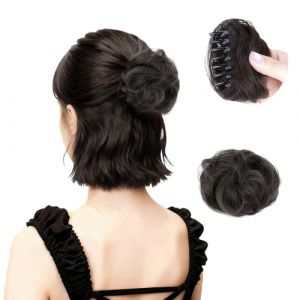 ZHAOCAI Postiches en cheveux humains avec pince - Postiche chignon Messy Bun - Postiche pour cheveux fins - Clip en pince - Queue de cheval ondul&eacute;e - Chignon d&eacute;sordonn&eacute; (JIQIKEJI, neuf)