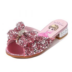 Monissy Princesse Fille Chaussures à Talon Haut Pantoufle Argenté Paillette Noeud Elsa Badge Semelle Elsa Imprimé Reine des Neiges Sandale Bouche de Poisson Noël Halloween, Rose, 35 (Monissy, neuf)