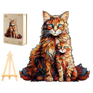 PASJO Puzzle en bois adulte Maine Coon Famille 220 pi&egrave;ces 33,5 x 34 cm Id&eacute;e cadeau Mini chevalet Bo&icirc;te en bois (PASJO, neuf)