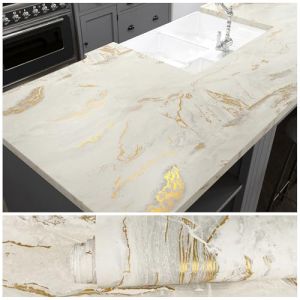 VEELIKE Papier Peint Marbre Beige Epais Papier Autocollant Marbre Or Mat Vinyle Adhesif Cuisine Lavable Papiers Peints Adhesif Mural Salon Autocollants Decoratif Salle de Bain Chambre 40cm&times;300cm (VEELIKE, neuf)