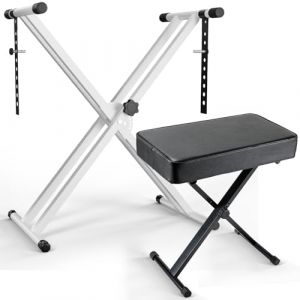Support de Clavier et Tabouret Piano Réglable en Hauteur, Support Clavier avec Banc Piano Pliable, Double Cadre en X, Coussin épais,Capacité Charge 100KG,Support de Piano avec Chaise Siege Piano,Blanc (BRT Store, neuf)
