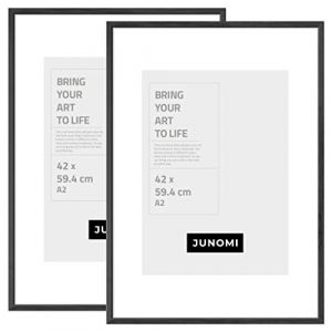 JUNOMI® 2 x Cadre photo DIN A2 bois noir | Cadre photo 42 x 59,4 cm (16.5x23.4) noir avec verre plexi incassable | Cadre photo bois (kizibi, neuf)