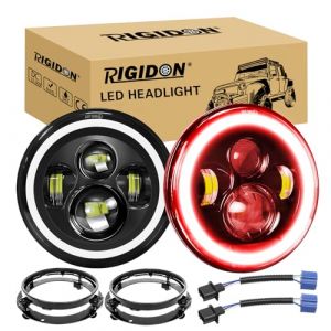 RIGIDON 2x 7 50W Phare Auto Moto LED Avec Anneau de Montage, Phare de Travail 5000LM, Blanc Rouge 4 Modes Eclairages Rond Feux LED Off Road Feu DRL HI LO Beam pour Wrangler JK TJ LJ CJ JP Hummber (Sanyue-EU, neuf)