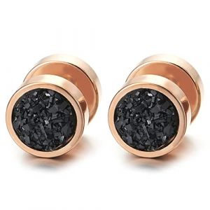 10MM Homme Femme Acier Or Rose Cercle Boucles d'oreilles avec Briller Noir - Bouchon Jauge Faux Cheater Fake Gauges Plug (iMECTALII EU, neuf)