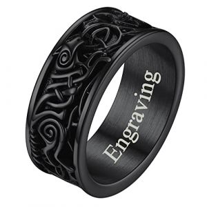 Bague Homme Pr&eacute;nom Personnalis&eacute; Viking Celtique Fenrir Nordique Grande Bague Loup Noire Acier Inoxydable 72 Bijoux Biker Punk Cadeau Personnalisable pour Gar&ccedil;on (FaithHeart Jewellery, neuf)