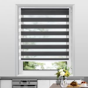 Allesin Store Enrouleur Jour Nuit sans Cha&icirc;ne sans Per&ccedil;age, Tirez-Arr&ecirc;tez sans Rebond, Facile &agrave; Installer avec Clips pour Fen&ecirc;tre ou Porte, 80l x 120L cm, Largeur du Tissu 80 cm, Gris Fonc&eacute; (Allesin FR Store, neuf)