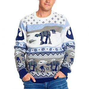 Elbenwald Pull en Tricot avec Motif norv&eacute;gien Star Wars Bataille de Hoth dans Un Design Hivernal avec at-at et at-St en Gris, Bleu, Blanc - S (Elbenwald, neuf)