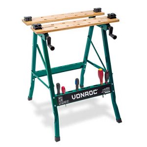 Vonroc Établi Pliant - Plan de Travail en Bambou - Compact et Robuste - Support de Rangement en Acier - Charge Maximale 150kg - Multifonctionnel, Établi, Tréteau, Étau ou Chevalet (VONROC, neuf)
