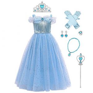 Filles Cendrillon Robe Déguisement Enfants Cinderella Princesse Costume Halloween Partie Carnaval Cosplay Noël Soirée Cérémonie Costumée Anniversaire Fête avec Accessoires Bleu Paillette 11-12 Ans (FYMNSI store, neuf)