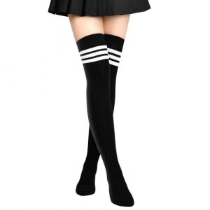 Aomig Chaussettes longues à rayures au-dessus du genou pour femmes et filles, chaussettes bottes, décontractées, 3 bas longs tubes à rayures blanches et noires pour un usage quotidien, cosplay, 1 (OODDH, neuf)
