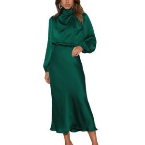 LIAOPUFUS Robe Longue Pliss&eacute;e en Satin El&eacute;gant &agrave; Manches Longues Nouveau Mod&egrave;le Automne Robe Cocktail de Temp&eacute;rament D&eacute;contract&eacute; Haute Sensation pour Femme et Fille (Vert fonc&eacute;, S) (LIAOPUFUS, neuf)