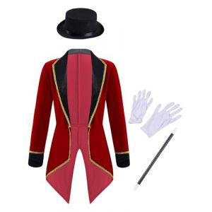 Runhomal Déguisement Monsieur Loyal Enfant Garçon Fille Costume Directeur de Cirque Showman Dompter Fête à Thème Carnaval Veste Manteau Halloween 3-16 Ans C Bourgogne 15-16 Ans (Runhomal EU, neuf)