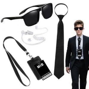 DAOOZHU Kit d Costume Espion 6 Pieces,Jeu Déguisement Espion avec Lunettes Noires Ecouteurs Cravate Reglable Faux Telephone Porte Cartes Accessoires (DAOOZHU, neuf)