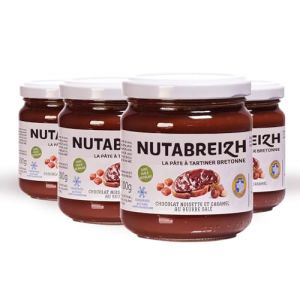 LOT 4 pots Nutabreizh 200g -p&acirc;te &agrave; tartiner chocolat-noisette avec une pointe de caramel beurre sal&eacute; - sans huile de palme - Fabrication traditionnelle au chaudron en BRETAGNE (Les cr&ecirc;pes Paysan Breton, neuf)