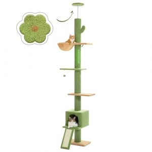 PAWZ Road Arbre à chat cactus du sol au plafond avec hauteur réglable de 216 cm à 273 cm, tour à chat avec espace d'activité spacieux avec hamac et niche pour chat, ceinture anti-chute, vert (Johnson SY, neuf)