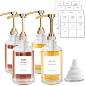 sunal Lot de 4 distributeurs de sirop de caf&eacute;, flacon de sirop en verre de 500 ml, distributeur de sirop, distributeur de miel avec pompe de grande capacit&eacute; de 0,6 g et 36 &eacute;tiquettes &eacute;tanches et (cuishaoweii, neuf)