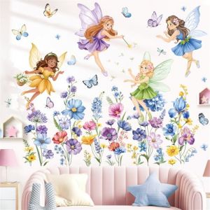 decalmile Stickers Muraux Fleur Fée Violet Fille Autocollant Mural Elfes Floral Aquarelle Papillon Décoration Murale Bébé Fille Chambre Enfants Pépinière (DecalMile Direct, neuf)