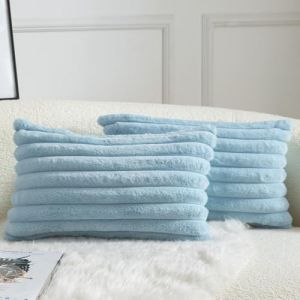 Mandioo Lot de 2 Housse de Coussin Rayures Fausse Fourrure Doux Confortable Taie d'oreiller Decoration Maison Salon Chambre pour Canapé 30X50 CM Bleu Clair (Mandioo_eur, neuf)