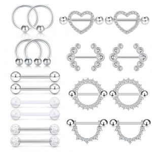 XSDSLS 9 Paires Piercing de Téton en Acier Inoxydable pour Femme,Set de piercings mamelons,Bijoux de piercing de corps,Piercing de Téton en Cœur Barbell Ring Round,Langue Piercing pour Femme (XDLING, neuf)