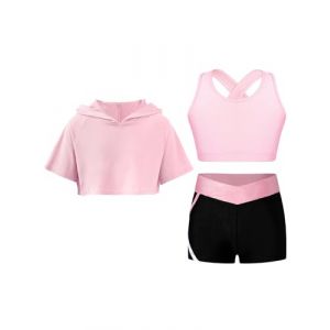 YEAHDOR Enfant Fille Ensemble Sport Justaucorps de Patinage Manches Courtes Sweat à Capuche + Brassière Sport + Short Gymnastique Fitness Running Sportswear 5-16 ans Un rose 9-10 ans (YEAHDOR EU, neuf)