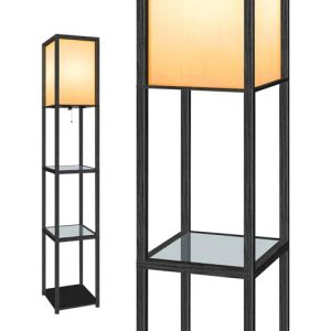 OUTON Lampadaire avec &Eacute;tag&egrave;res en Verre, Temp&eacute;ratures de Couleur R&eacute;glables (3000K-6000K), Lampadaire LED Moderne en Colonne, Lampadaires d&rsquo;Angle en Bois pour Salon, Chambre, Bureau (Noir) (XINLISTORE EU, neuf)