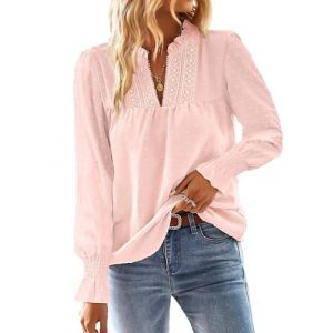 TUUHAW Chemise Femme Chic et &Eacute;l&eacute;gant Automne Grande Taille Manches Longues Boh&egrave;me Top Col en V Manche &agrave; Volants Dentelle Haut T-Shirts &agrave; Point Suisse D&eacute;contract&eacute; Fluide Tunique Rose P&acirc;le XXL (TROFANO, neuf)
