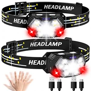 Lsnisni Lampe Frontale LED 2 Pièces, 2000 Lumens Torche Frontale Rechargeable USB C, Lumière Rouge et Capteur Mouvement, Réglable 6 Modes, IPX5 Étanche pour Camping, Jogging, Pêche (BZ-EU, neuf)
