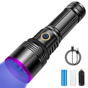 Lampe Torche UV 365nm LED Lampe Ultraviolet Puissante Rechargeable USB Lampe de Poche uv Lumière Noire Détecteur D'urine Lampe de Wood pour Resine, Pêche, Scorpion, Minéraux, Ambre avec Batterie (STANILA FOYA SHOP S.R.L., neuf)